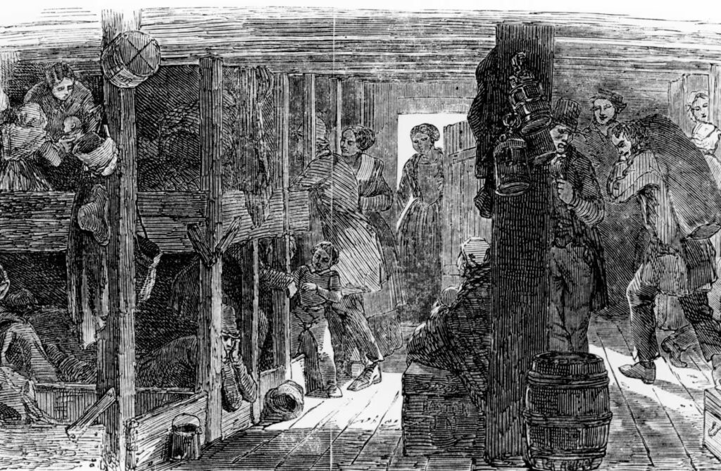 lithograph of accommodations in steerage.  