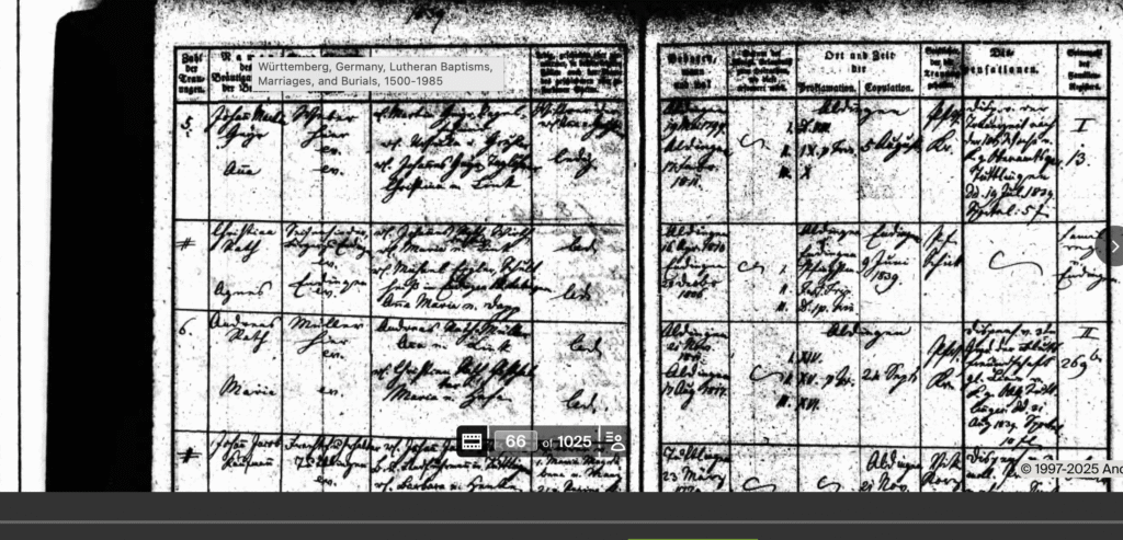 German marriage registry giving details on Andreas and Maria's wedding.