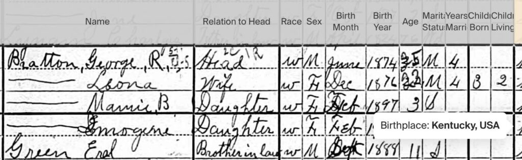 1900 Federal Census showing George Bratton and his family