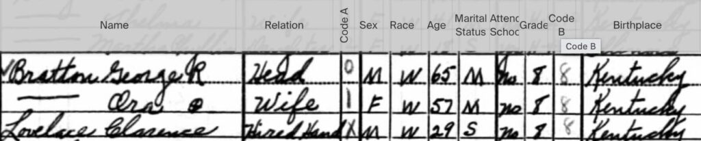 a screenshot of the 1940 federal census showing George, Ora and a hired hand living together