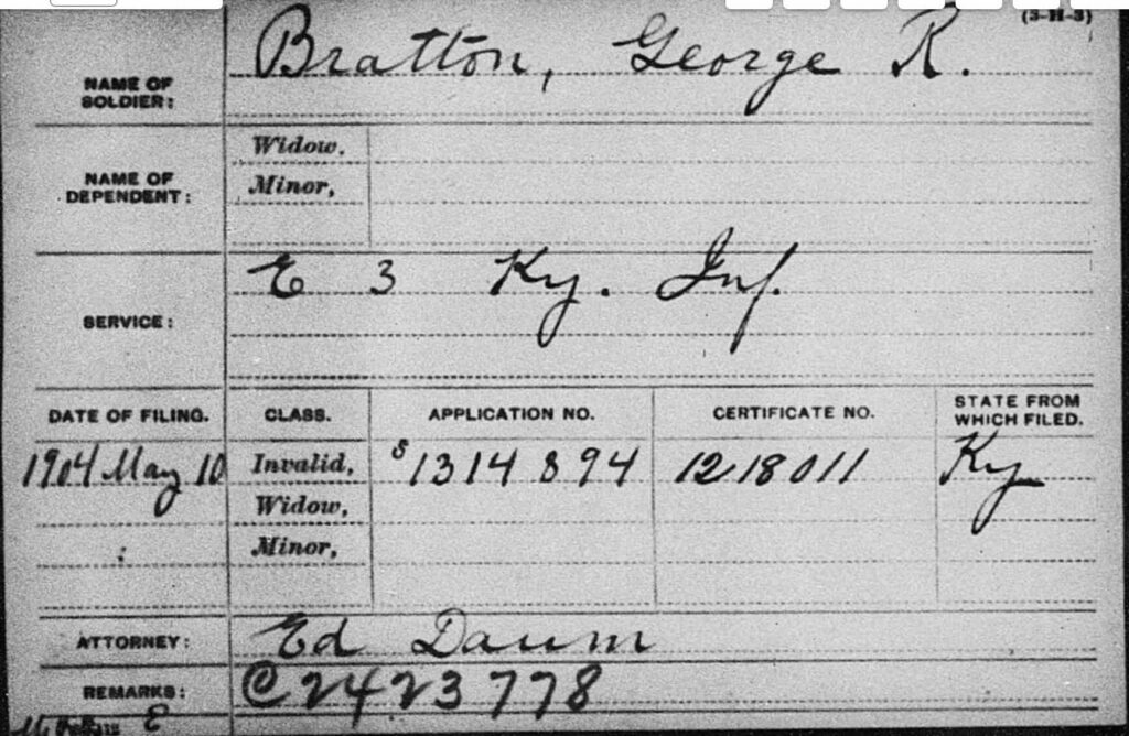 the pension card for my great grandfather George Riley Bratton