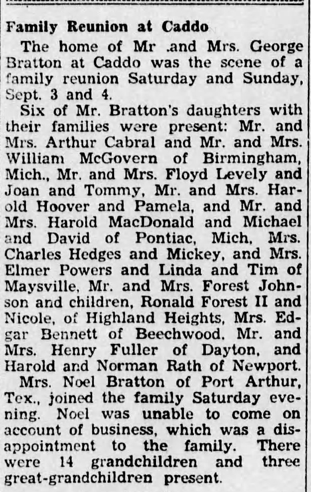 newspaper article about a Bratton family reunion at George's Caddo home in September 1949.