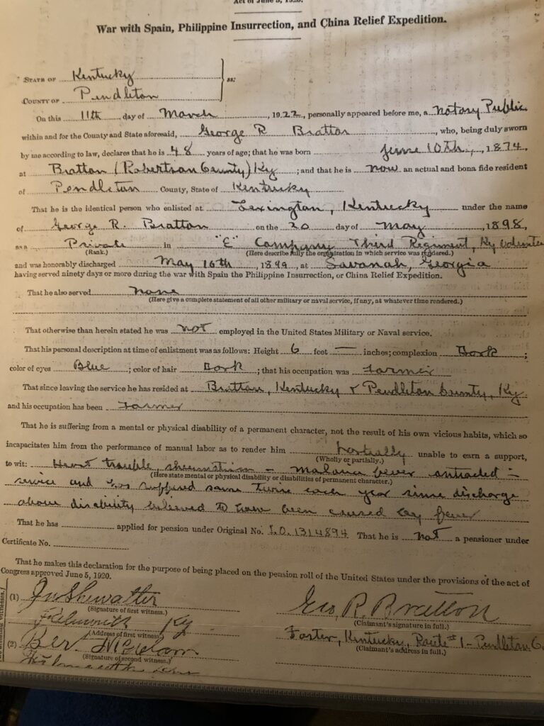 pension document for George Bratton detailing his ailments from his military time in Cuba.
