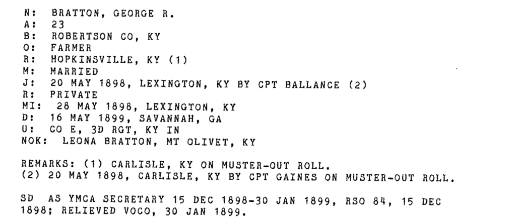 Muster Roll of # Company 3rd Kentucky Regiment for George Bratton.