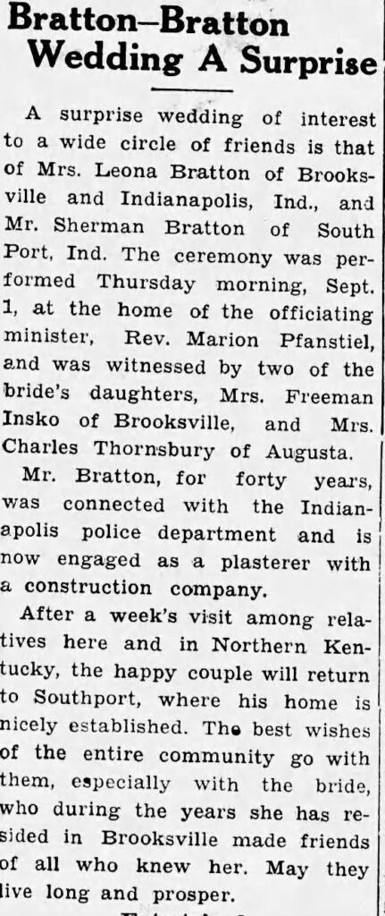 a newspaper article about the surprise wedding of Leona Denning Green and Sherman Bratton, her ex-husband's husband.