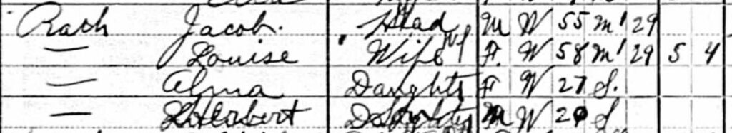 snippet of the 1910 federal census showing Jacob and Louise Rath with their family.  