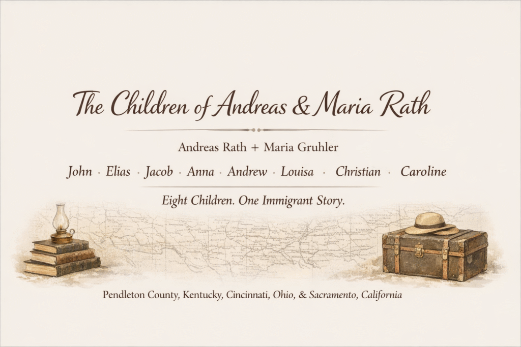Minimalist family chart of Andreas Rath and Maria Gruhler with their eight children—John, Elias, Jacob, Anna, Andrew, Louisa, Christian, and Caroline—set against a vintage-style background.