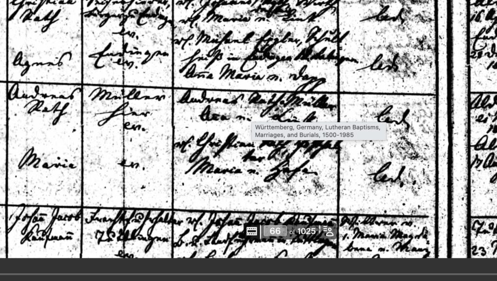 Close detail of the marriage entry for Andreas Rath and Maria Gruhler, showing Andreas recorded
as a miller’s servant and naming both sets of parents. (Public domain record.)